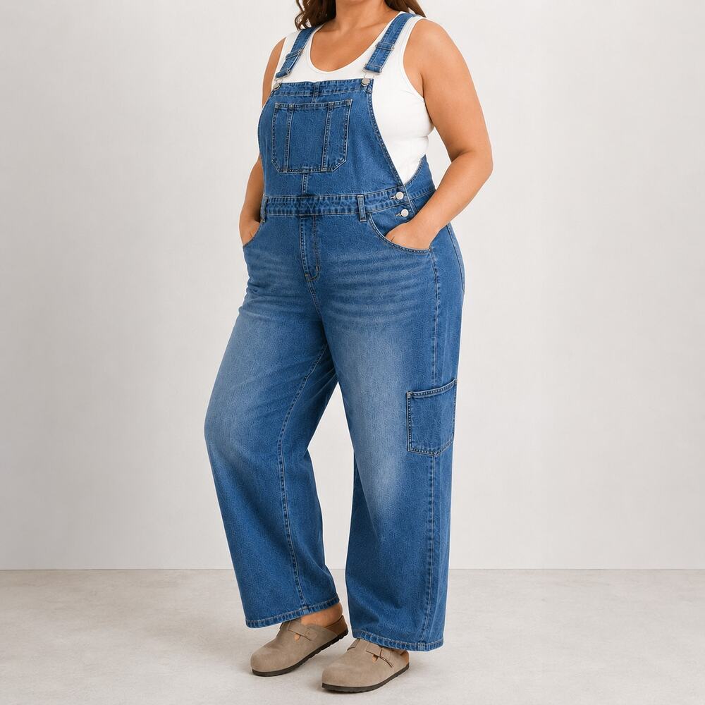 Flamingals Denim Bib Overalls Wide Leg Stretch Carpenter 2XL NWT